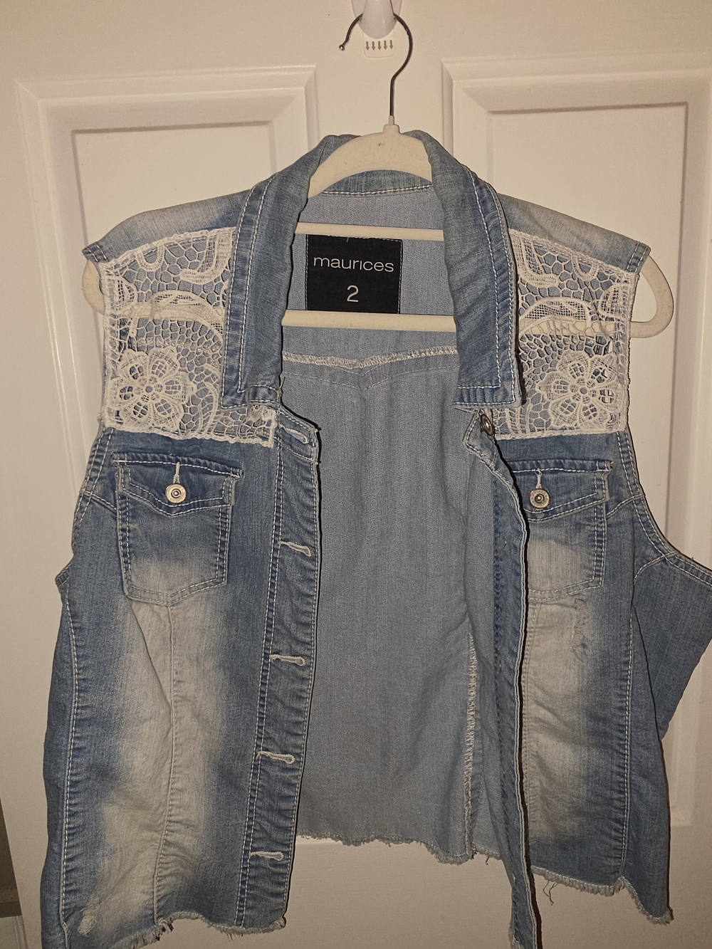 Maurices Light Blue Denim Vest with White Lace Yoke